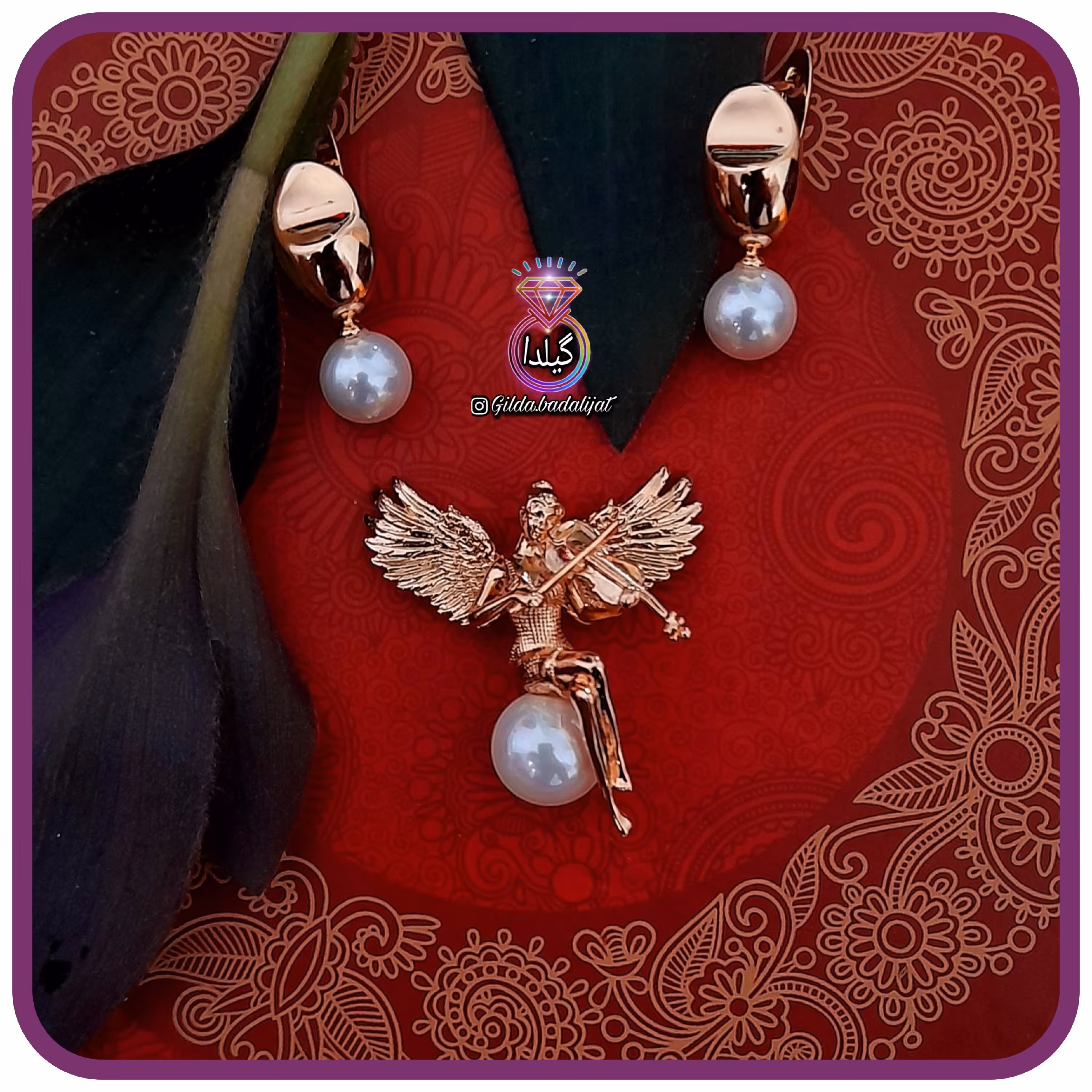 نیمست پلاک فرشته وزنجیر و گوشواره مرواریدی ژوپینگ اصل به صورت تکی هم فروخته  می شود