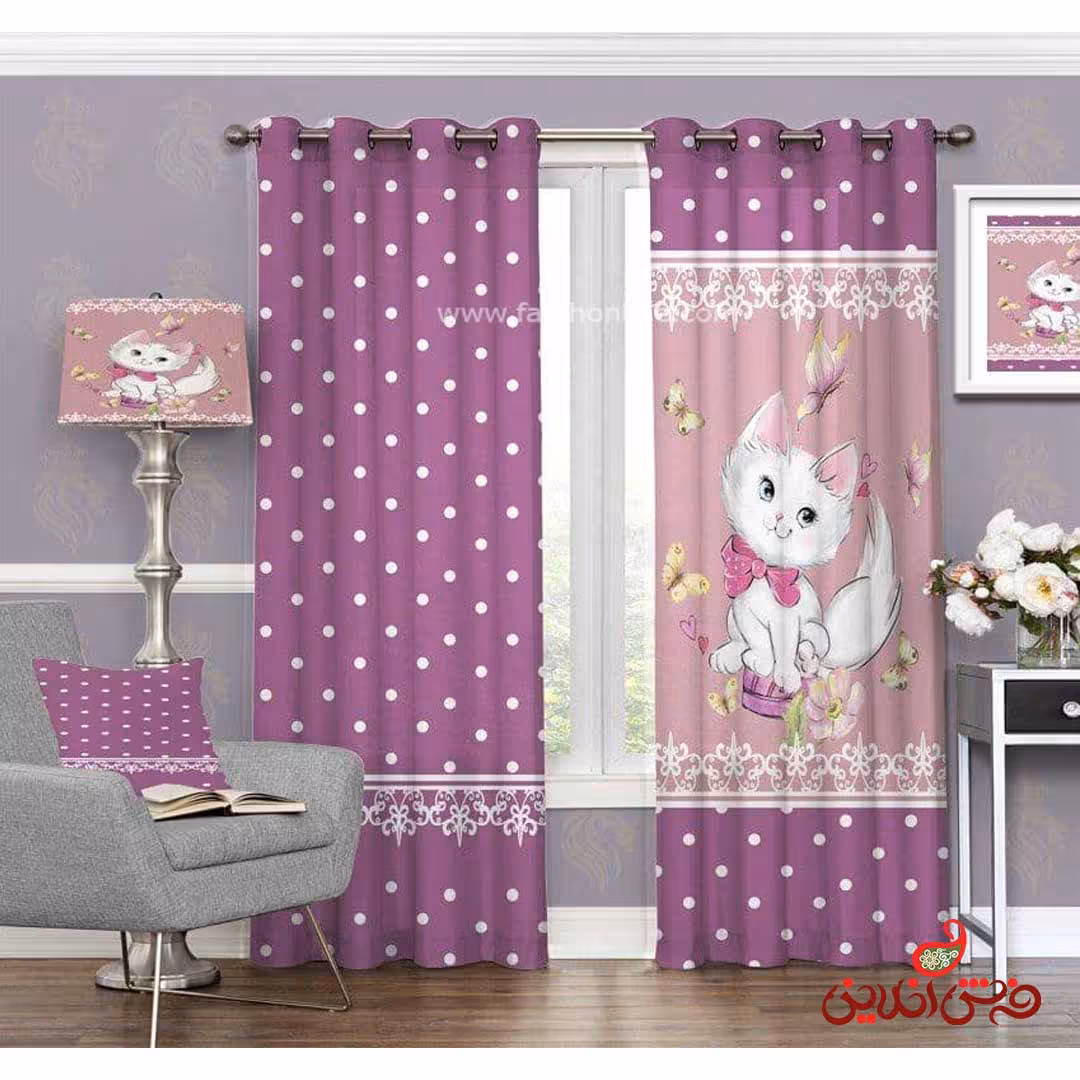پرده 2عددی کودک طرح گربه صورتی کد 3223