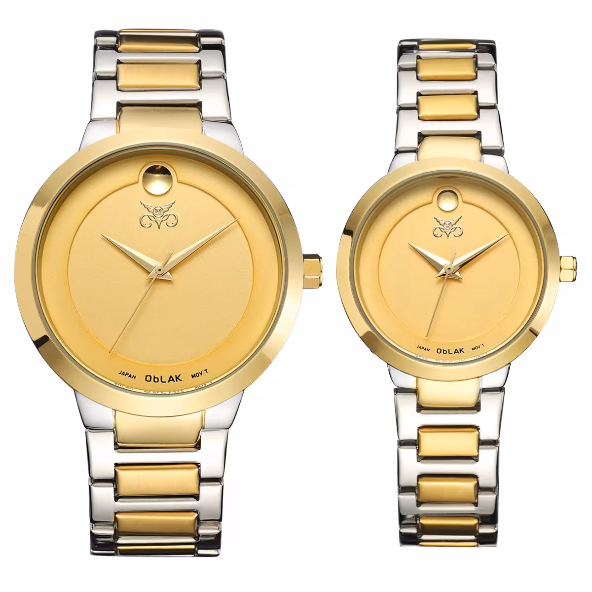 ست ساعت مچی زنانه و مردانه اوبلاک مدل 72693 رنگ دو رنگ صفحه زرد 