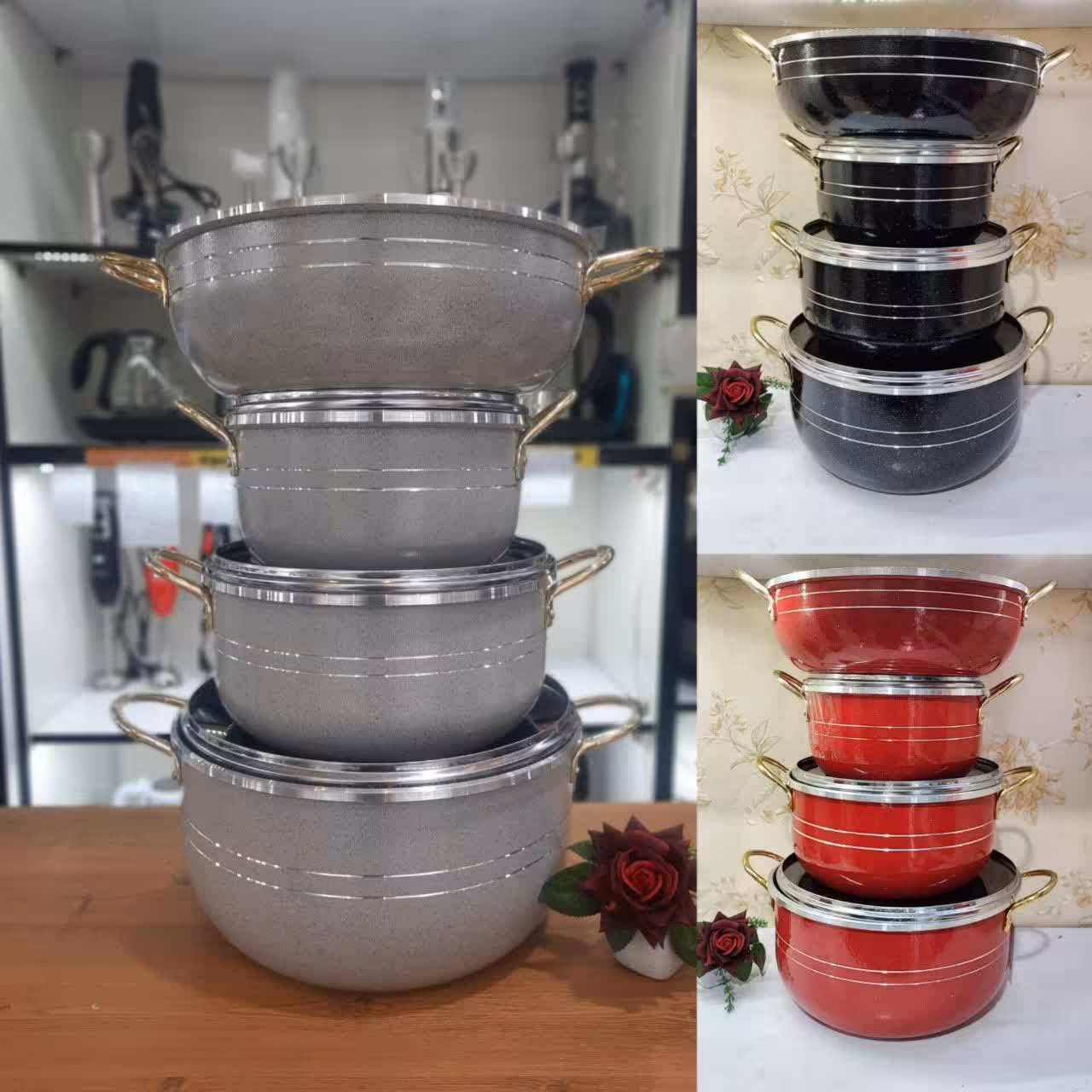 سرویس 7 پارچه قابلمه گرانیتی طرح چدن دسته طلایی داخل زنبوری هلنا