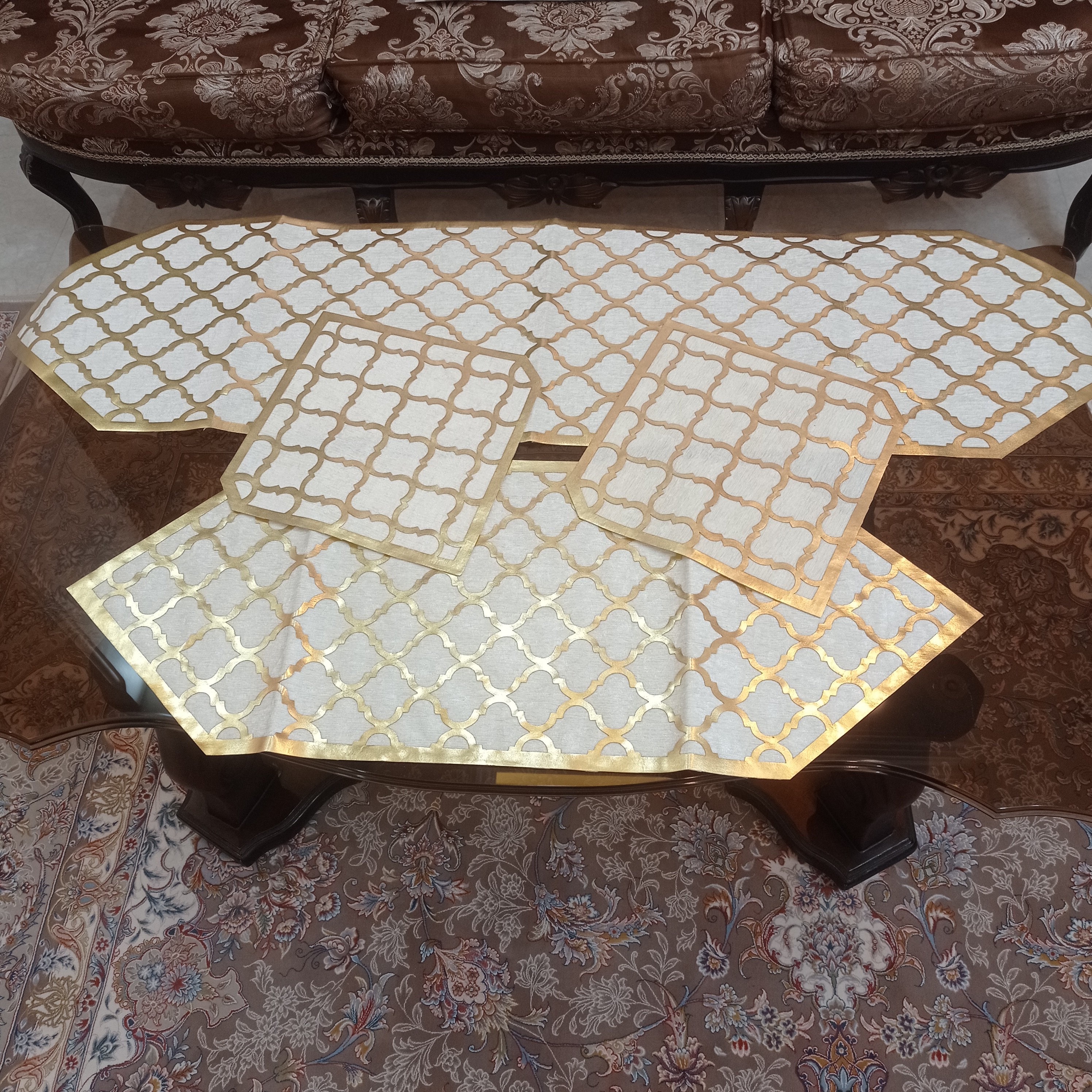 رومیزی مخمل چرمی 4 تیکه مدل مراکشی با رویه چرم