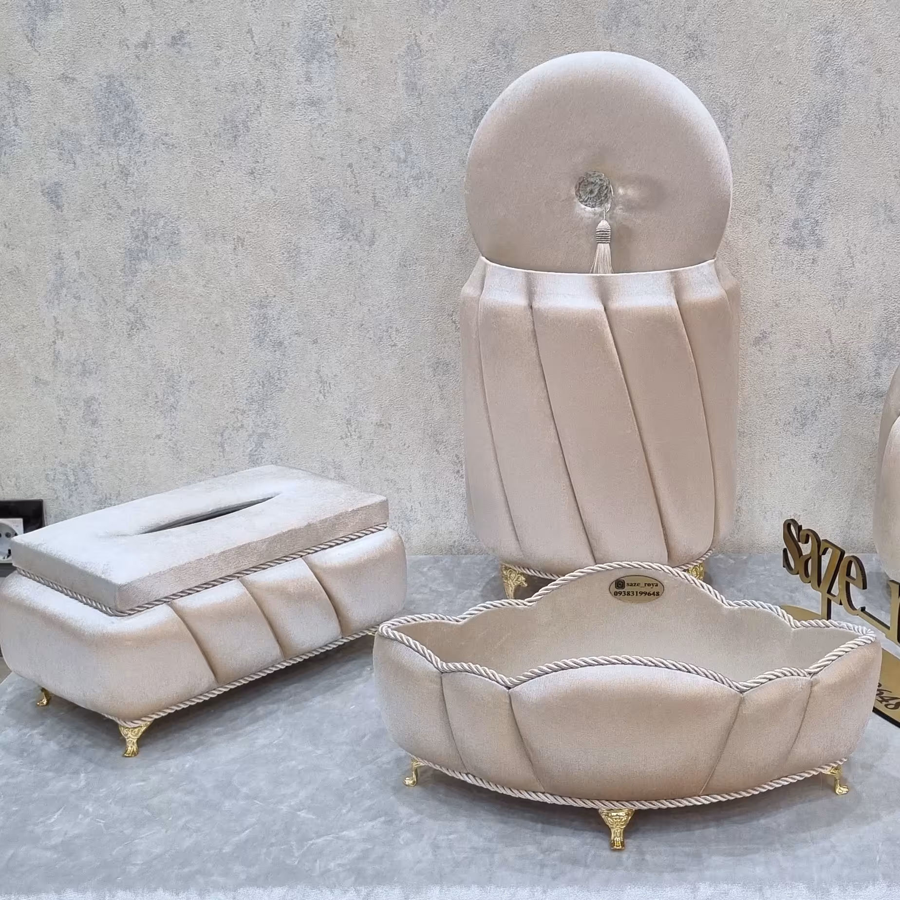 سطل و جادستمال کاغذی و باکس لوازم آرایش مخملی ترک،مناسب جهیزیه و منزل،قابل اجرا در  طرح و رنگ های مختلف