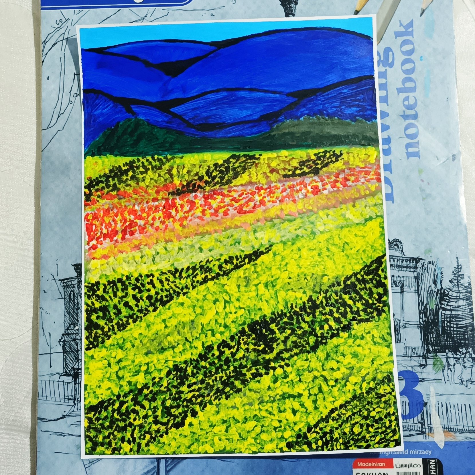 نقاشی آکریلیک منظره دشت گل آفتابگردان زیبا