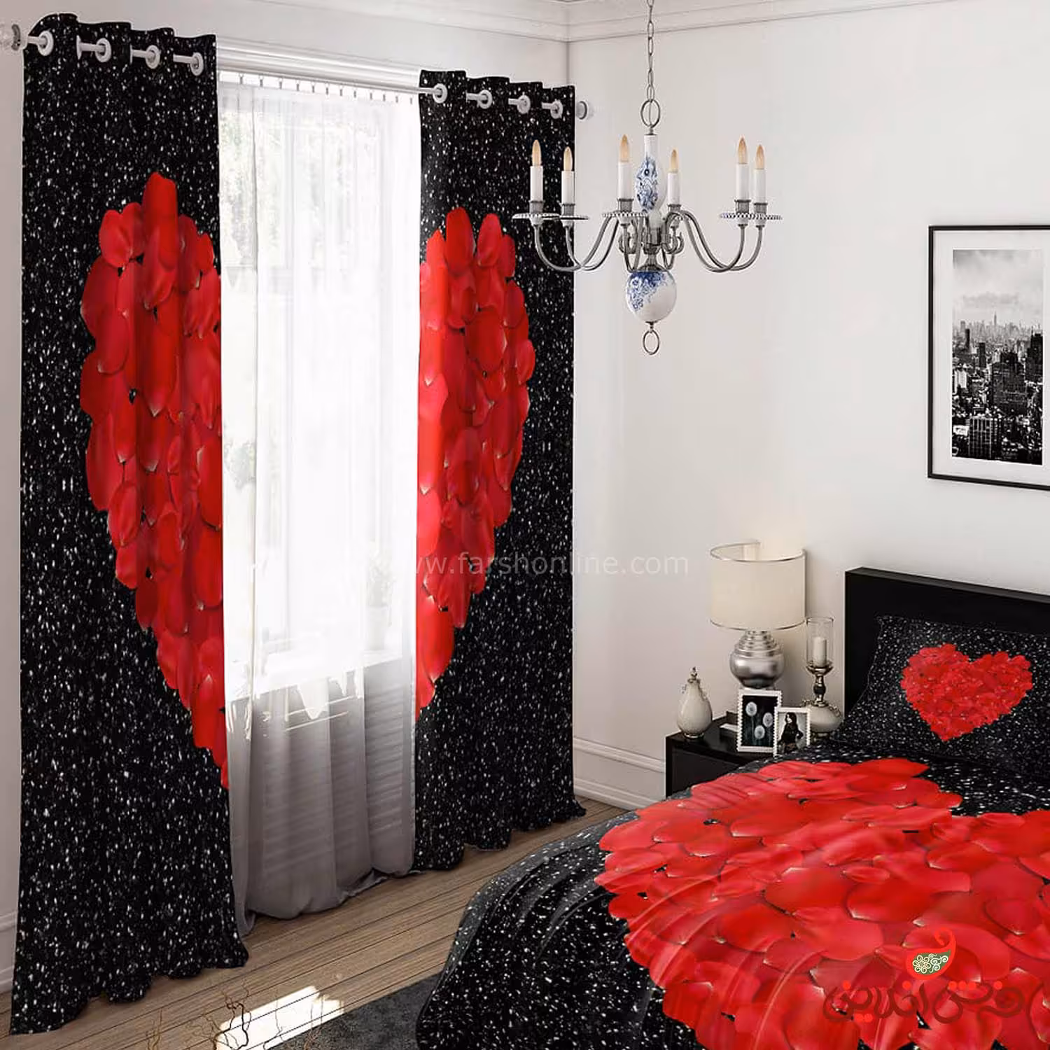 پرده 2 عددی طرح قلب قرمز  کد 15135/1