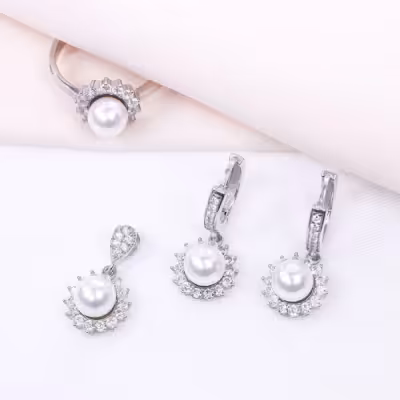 نیم ست نقره مرواریدی مدل دور شکوفه ظریف و شیک کد 1754