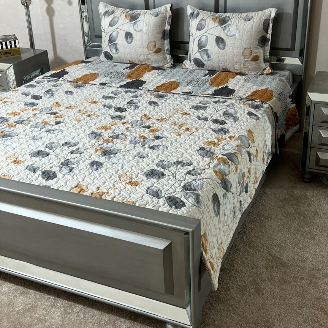 روتختی دونفره طرحدار گلدوزی دورو سه تکه paradise leaf( ضمانت پرز ورنگ )