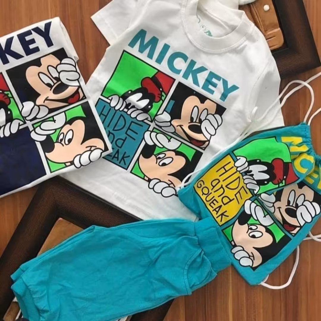 ست سه تیکه اسپرت تیشرت و شلوارک میکی موس همراه با کوله سایز40و45و50و55