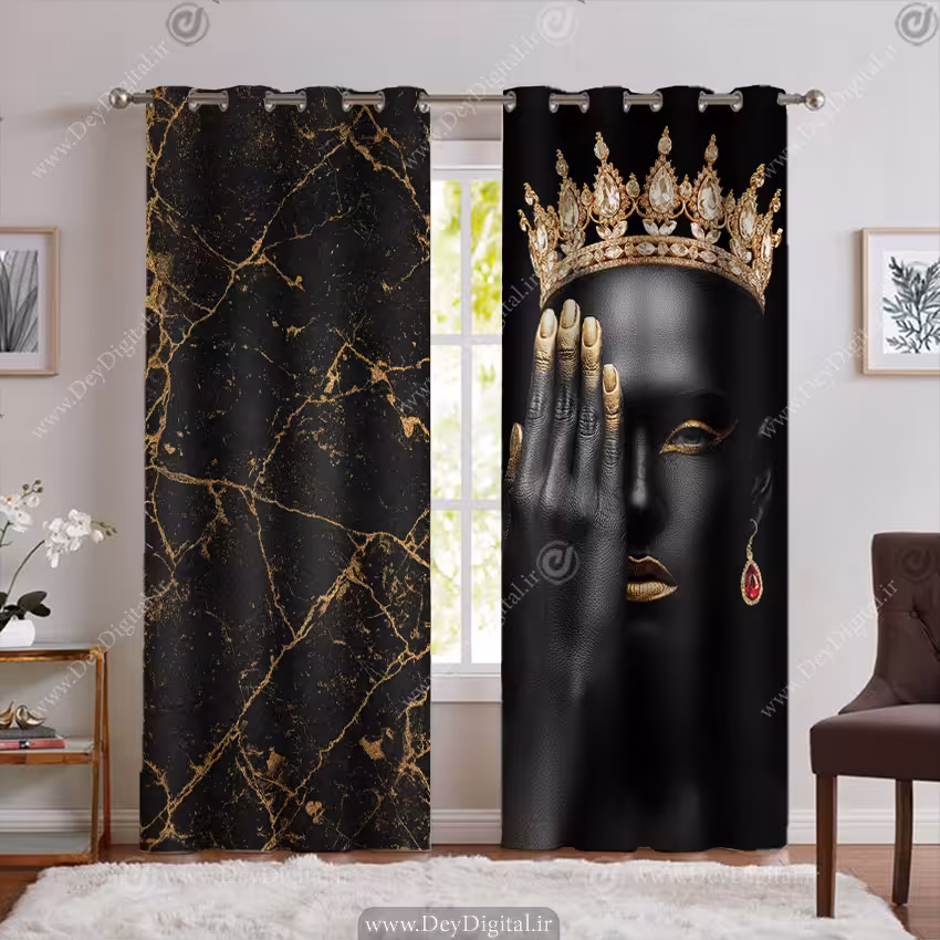 پرده چاپی اسپرت طرح چهره مشکی طلایی PK-6203