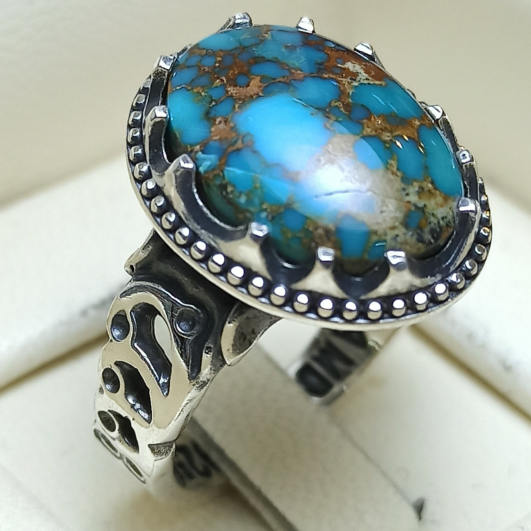 انگشتر نقره فیروزه نیشابوری شجری آبی 13