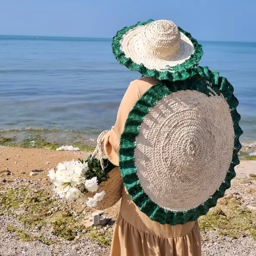 ست سفره حصیری کلاه و زنبیل دورچین سبز