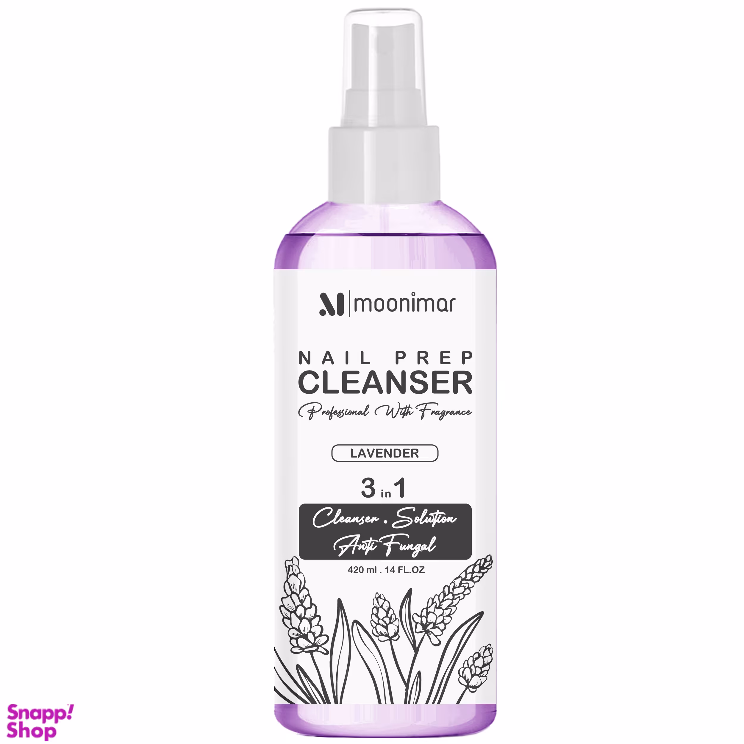 کلینزر کاشت ناخن مونیمار مدل Lavender سه کاره حجم 420 میلی لیتر