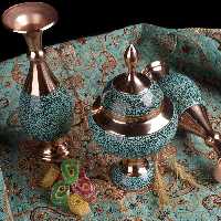 ست فیروزه کوبی سه تکه گلدان و شکلات خوری مس فیروزه کوبی نیشابور ست هدیه صنایع دستی سایروس 