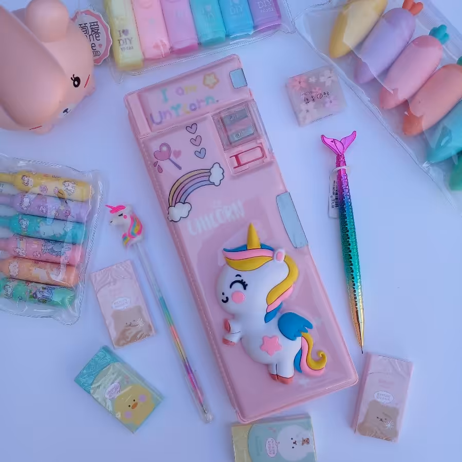 جامدادی کتابی مگنتی اسکوییشی طرح یونیکورن تک شاخ ( رنگ صورتی و یاسی موجوده )