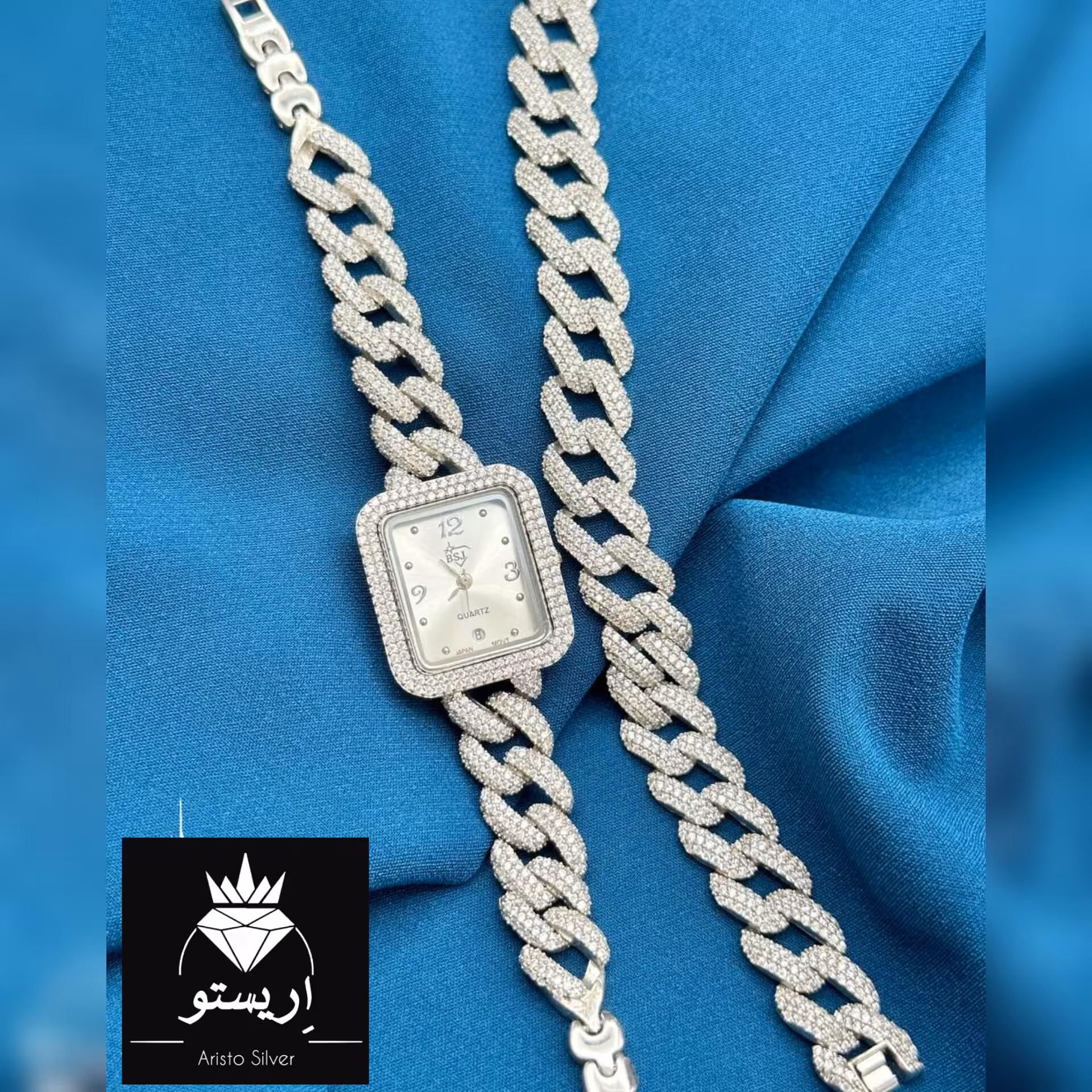 ساعت و دستبند ست تمام نقره جواهری کارتیر  با عیار 925 و آبکاری طلاسفید 