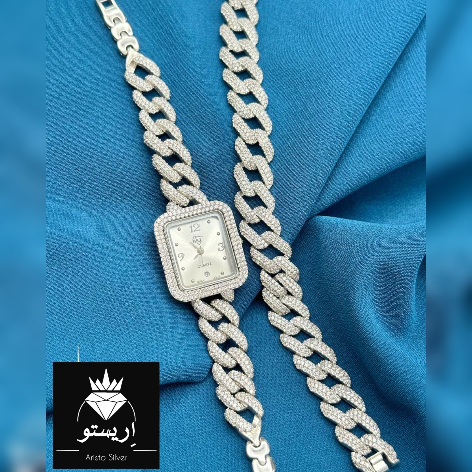 ساعت و دستبند ست تمام نقره جواهری کارتیر با عیار 925 و آبکاری طلاسفید