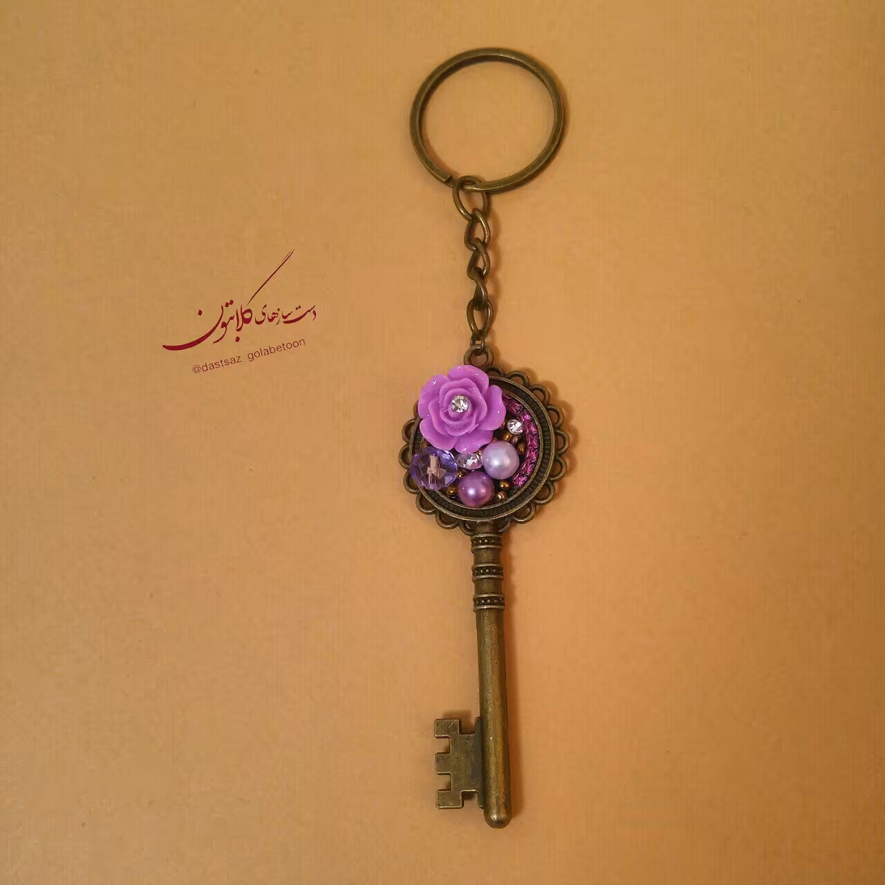 جاکلیدی برنز کلید و  گل سرامیکی بنفش گلابتون