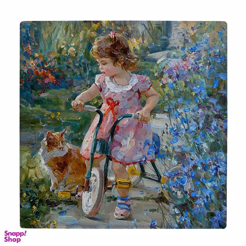 زیر لیوانی  طرح نقاشی دختر بچه دوچرخه سوار و گربه کد 6167341_5455