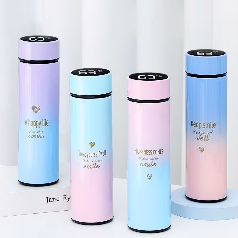 فلاسک استیل قلب با نمایشگر حرارت در چهار رنگ ملایم صورتی بنفش آبی فیروزه ای 