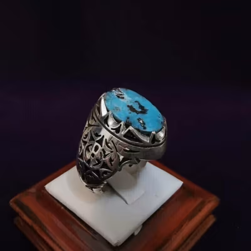 195-انگشتر نقره رکاب دست ساز و فیروزه نیشابور طبیعی و اصلی کد 40