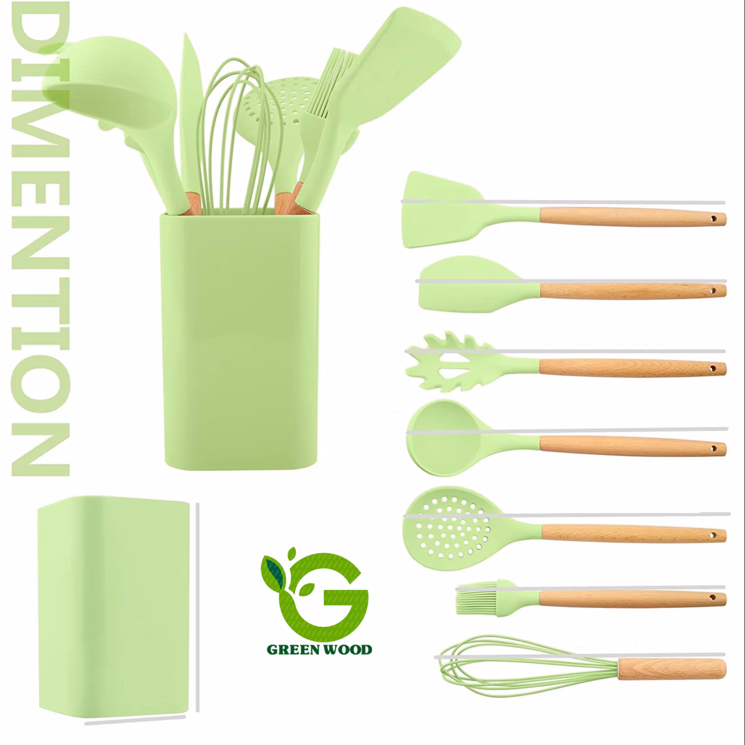 سرویس کفگیر و ملاقه 8 پارچه سیلیکونی دسته بامبو هاوس رولند مدلGreenکد Gw40102008