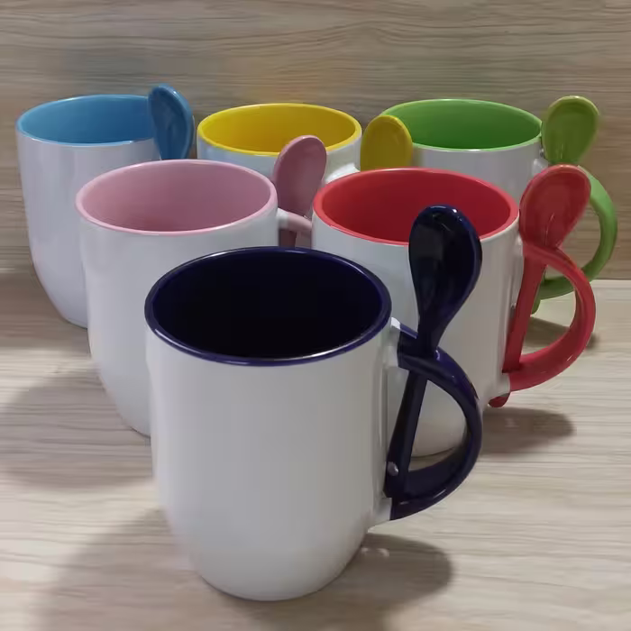 چاپ طرح سفارشی  روی ماگ قاشقدار  دسته و داخل رنگی خمره