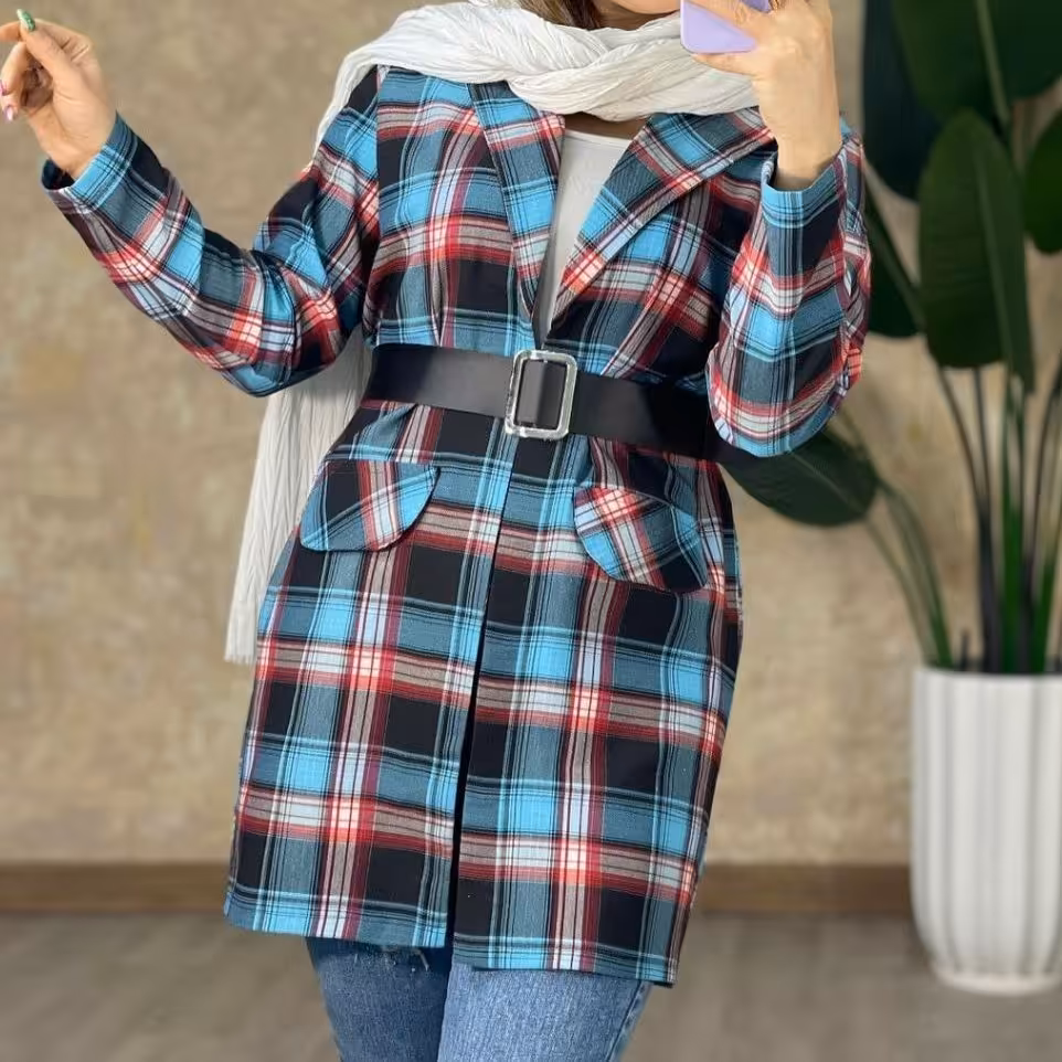 مانتو کتی چهارخونه با کمربند طرحدار  پوپلین نخ 