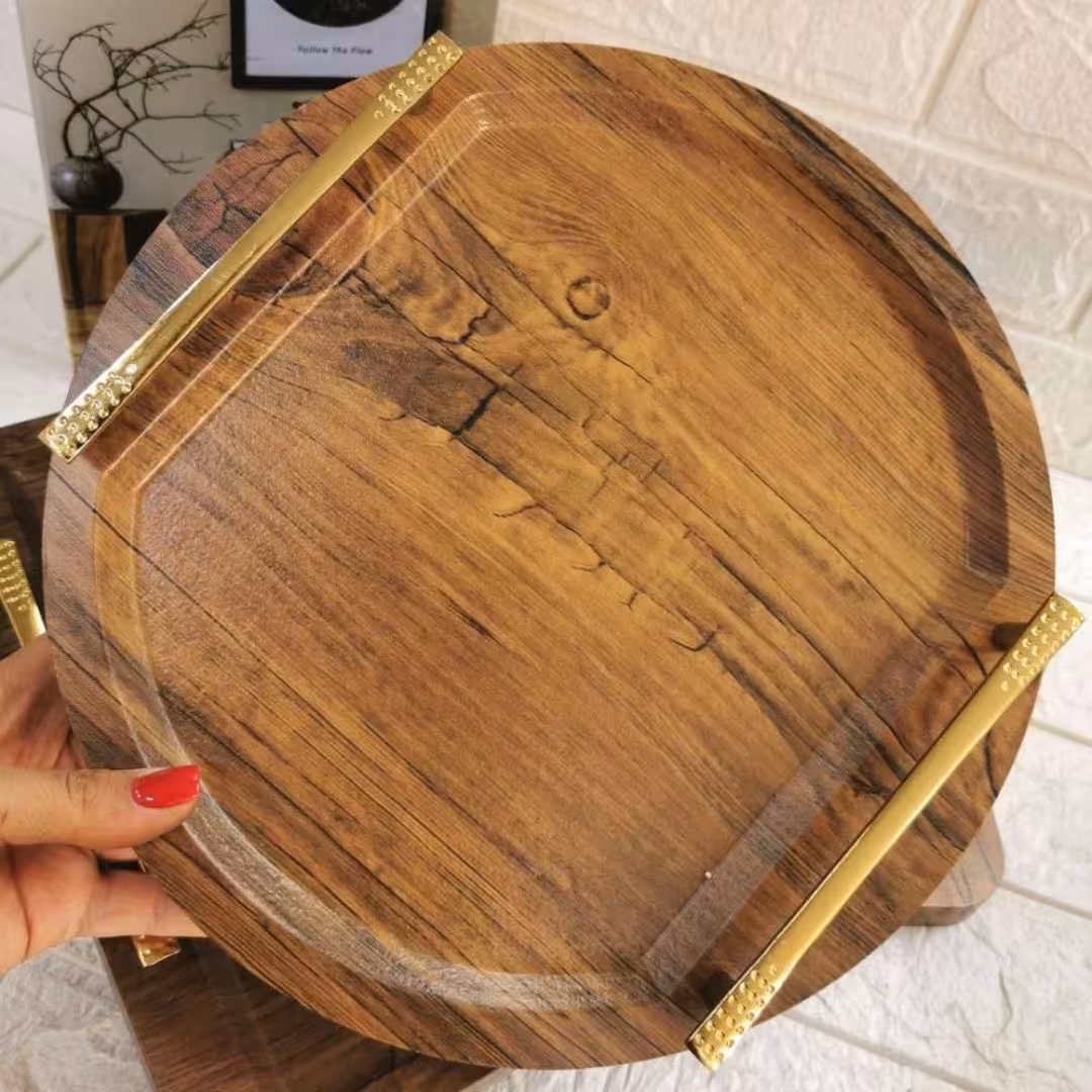 سینی چوبی روکش وکیوم ضد خش و ضد آب دسته طلایی