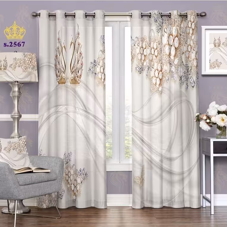 پرده پذیرایی دو قواره پانچ فانتزی طرح گل و قوی مروارید کد S2567