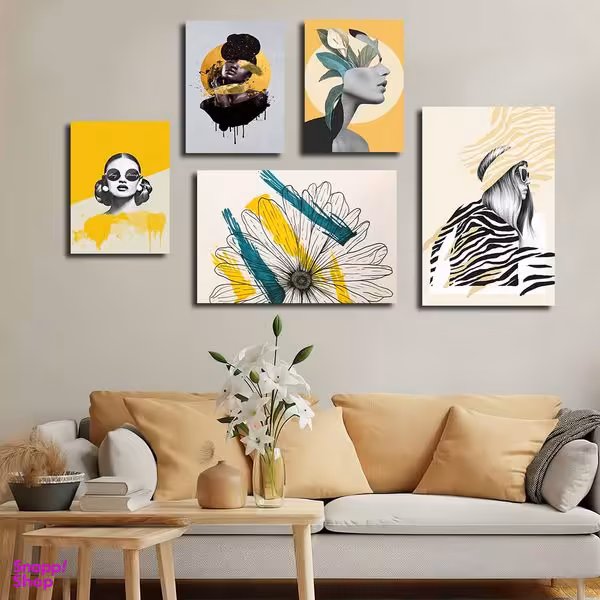 تابلو شاسی بکلیت طرح نقاشی مدرن چهره و گل مدل SH-1822 مجموعه 5 عددی