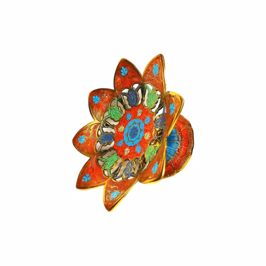 ظرف برنجی میناکاری پایه دار هندی مدل گلبرگ