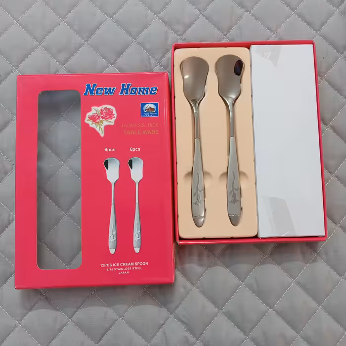 قاشق بستنی خوری طرح گل میخک مارک نیوهوم ژاپن استیل 18.10 اصل بسته 12 عددی ضخامت 3 میل 