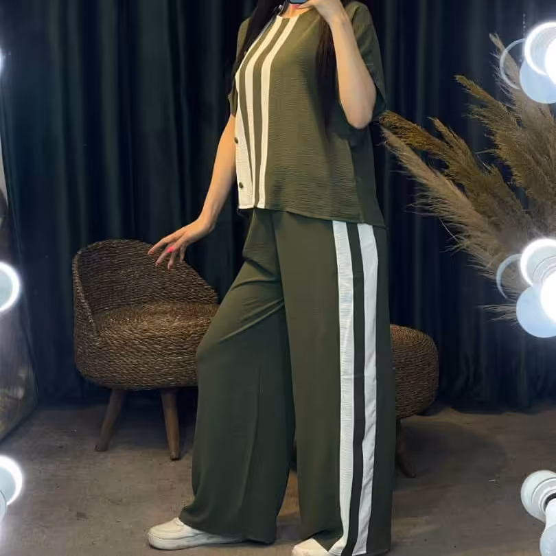 ست دو تیکه جنس  ایرو بادی  رنگبندی فری سایز