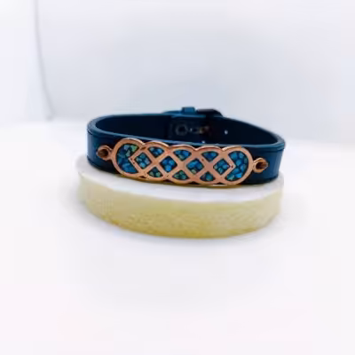 دستبند چرم(مشکی)مس فیروزه کوبی