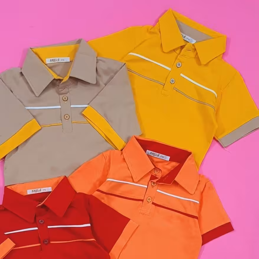 تیشرت یقه دار پسرانه بسیار شیک با تن پوش عالی سایز 40 تا 65 رنگ کرمی و خردلی فقط 