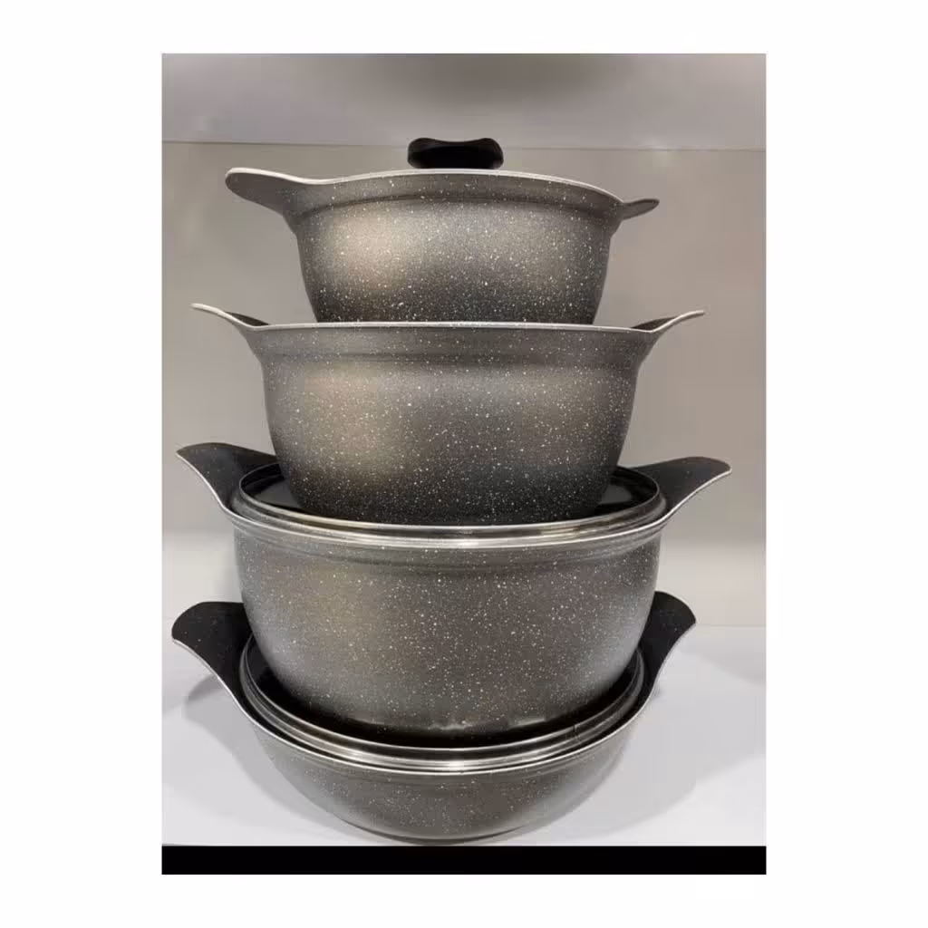 سرویس قابلمه چدن مهیا مهر رنگ مشکی جنس چدن سایز بندی 28-24-20 تابه 28 مجموعا 8 پارچه 