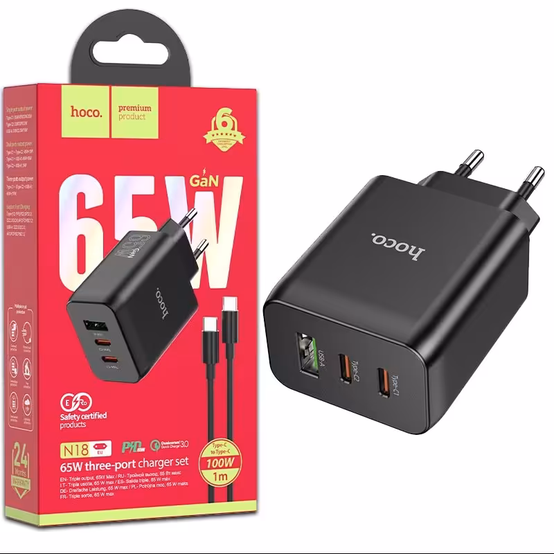 شارژر دیواری هوکو مدل N18 65W GAN به همراه کابل TYPE-C TO TYPE-C