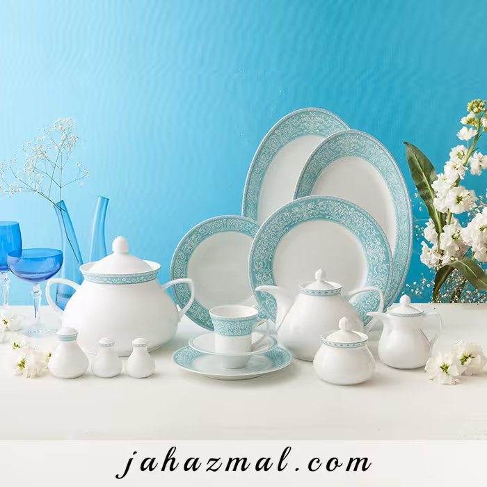 سرویس چینی زرین طرح ورونا فیروزه ای 108 پارچه