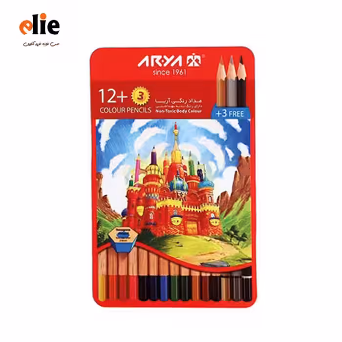 مداد رنگی 12   3 رنگ آریا جعبه فلزی طرح قلعه