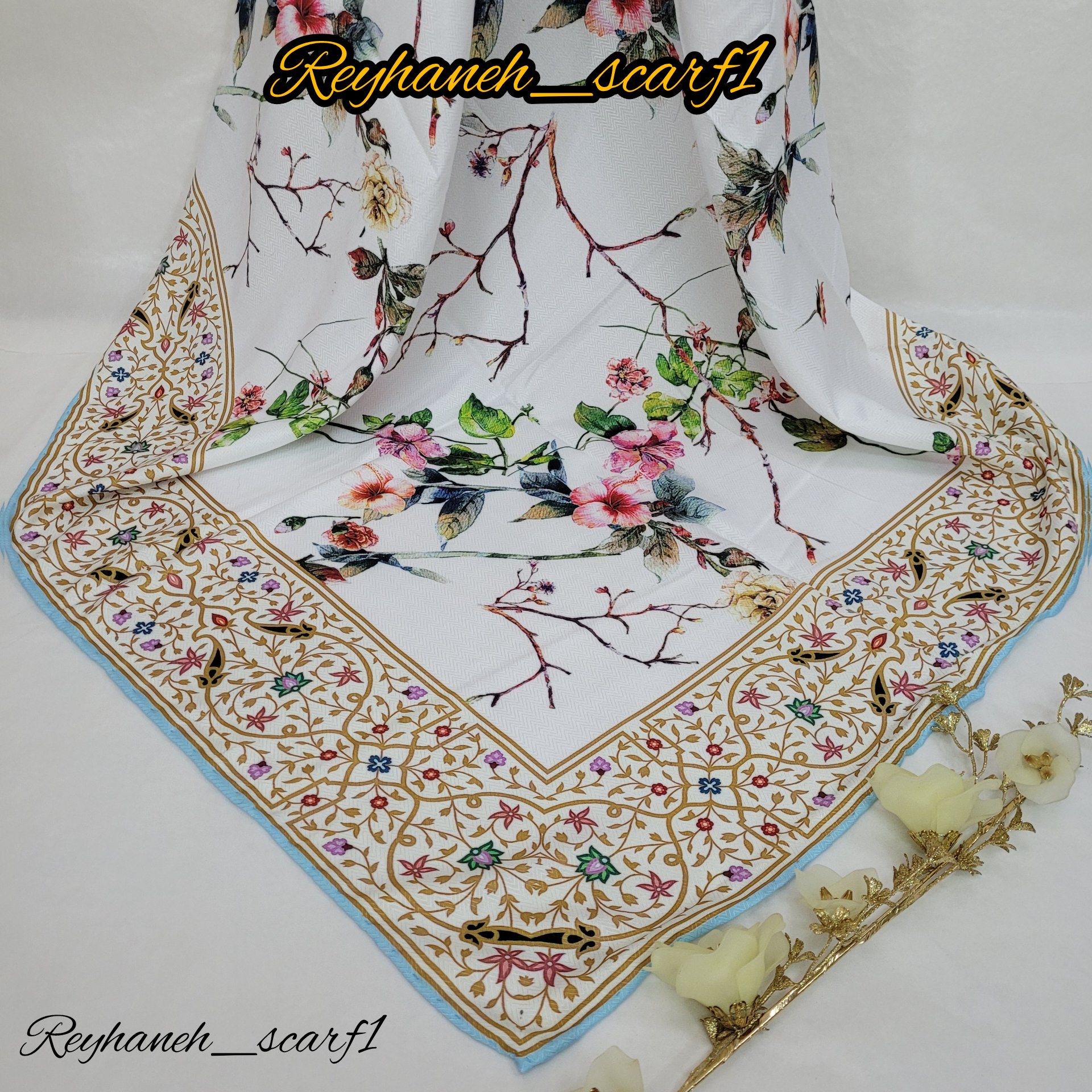 روسری نخ ابریشم گارزا دور دست دوز شده سایز 130 چهارفصل ارسال پستی رایگان