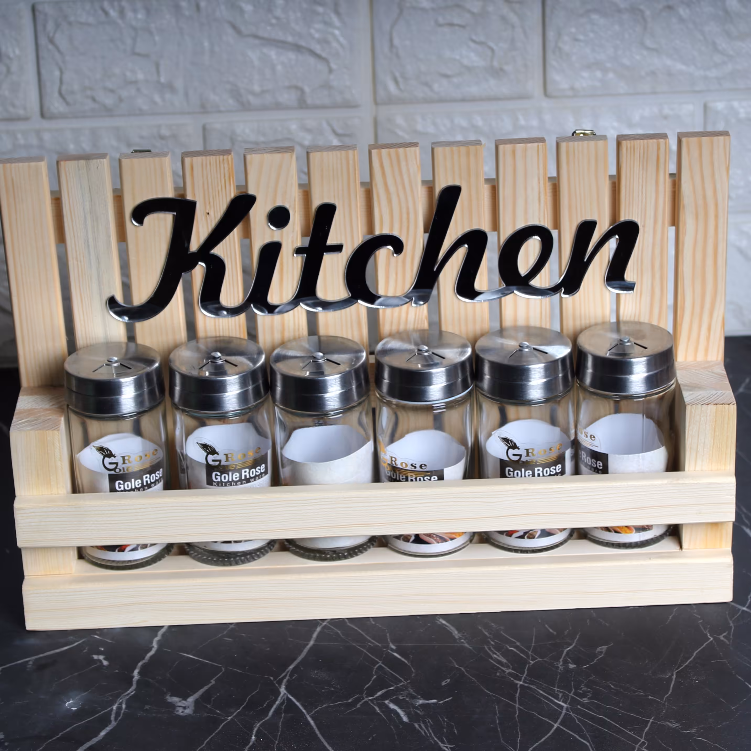 جا ادویه 6 شیشه درب نمکپاش چوبی 