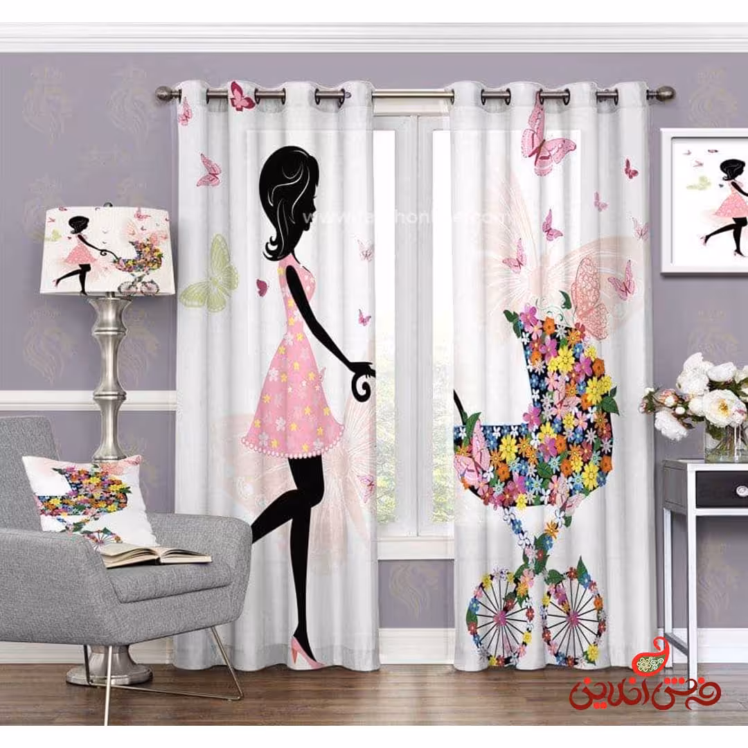 پرده طرح کالسکه گلدار کد 3407