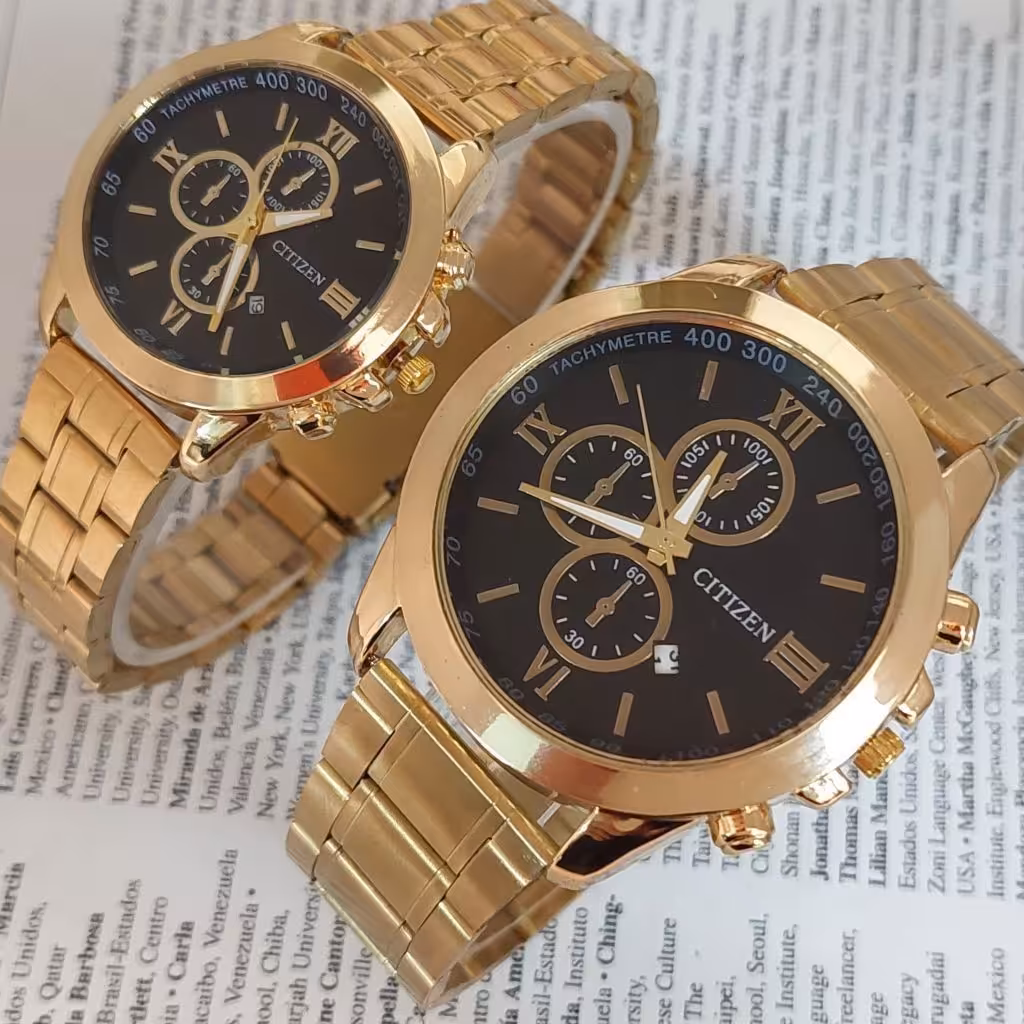 ست ساعت زنانه و مردانه مارک سیتیزن بنداستیل طلایی صفحه مشکی. طرح سه موتوره
دارای تقویم