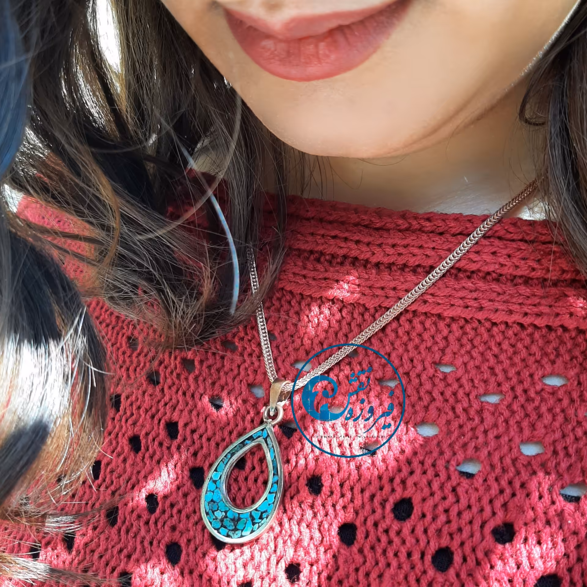 گردنبند فیروزه کوب با زنجیر کلافی مدل اشک