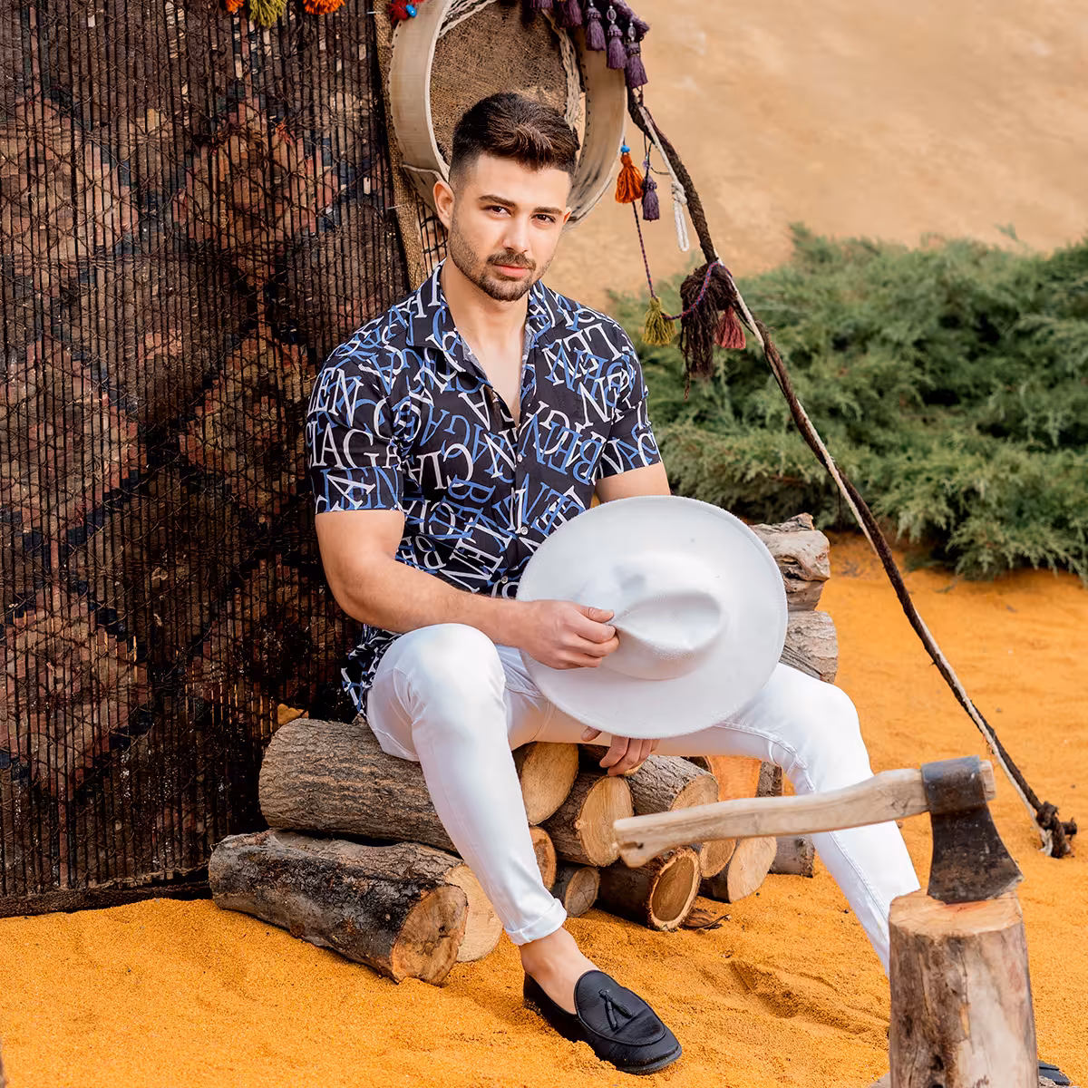 پیراهن هاوایی مردانه مشکی آبی مدل ABC