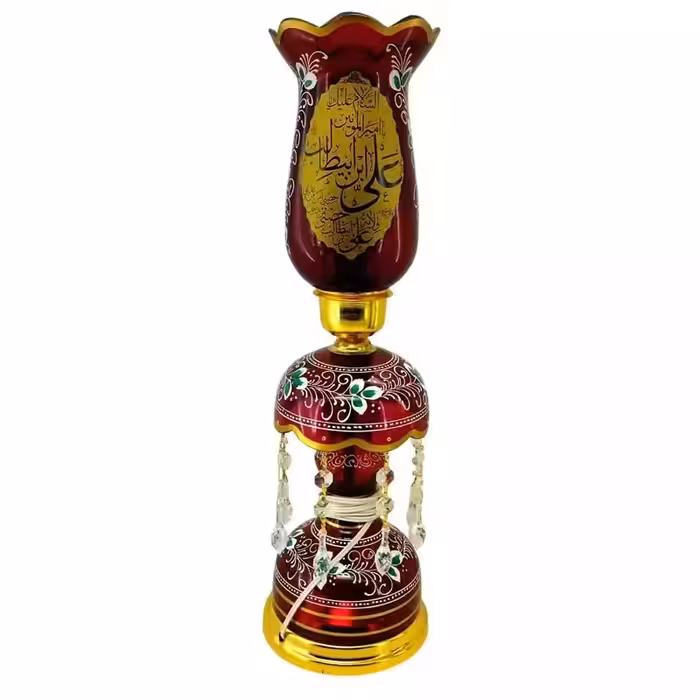 103253-لاله شمعدانی کوچک ارتفاع 46 قطر دهانه 11-قرمز یا اباصالح المهدی عج و یا امیرالمومنین علی ع-کنار منبری هیئت