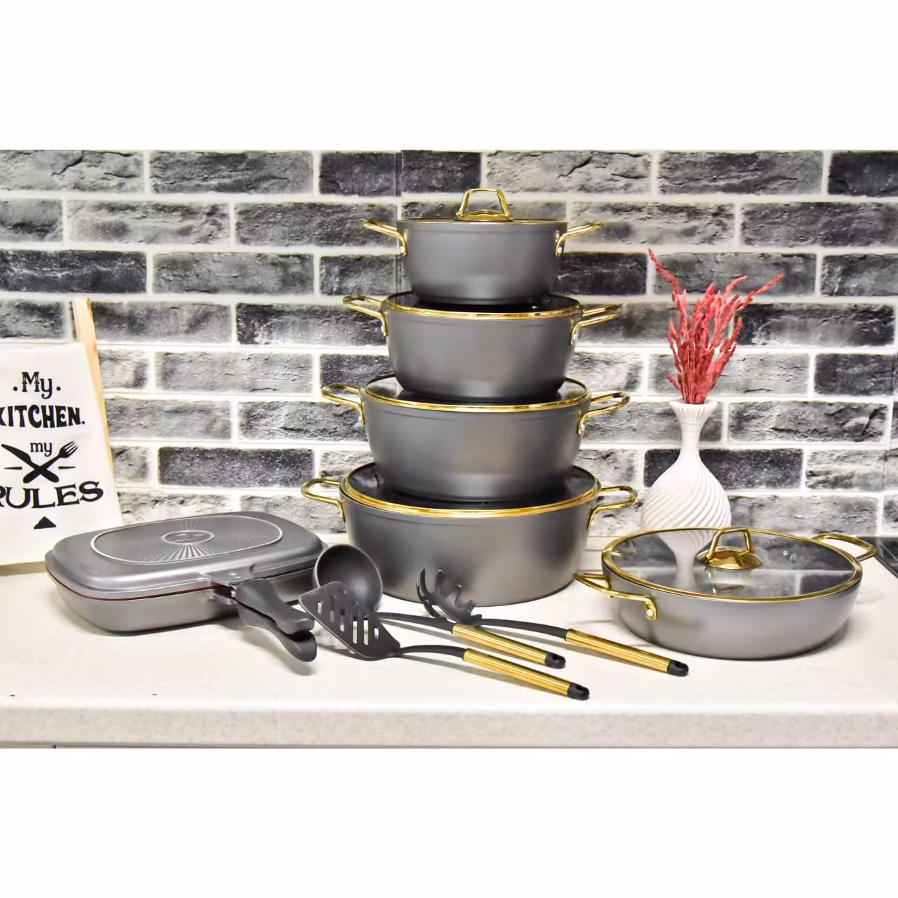 سرویس قابلمه 15 پارچه فلورا گرانیتی برند KZP رنگ نوک مدادی یا طوسی 