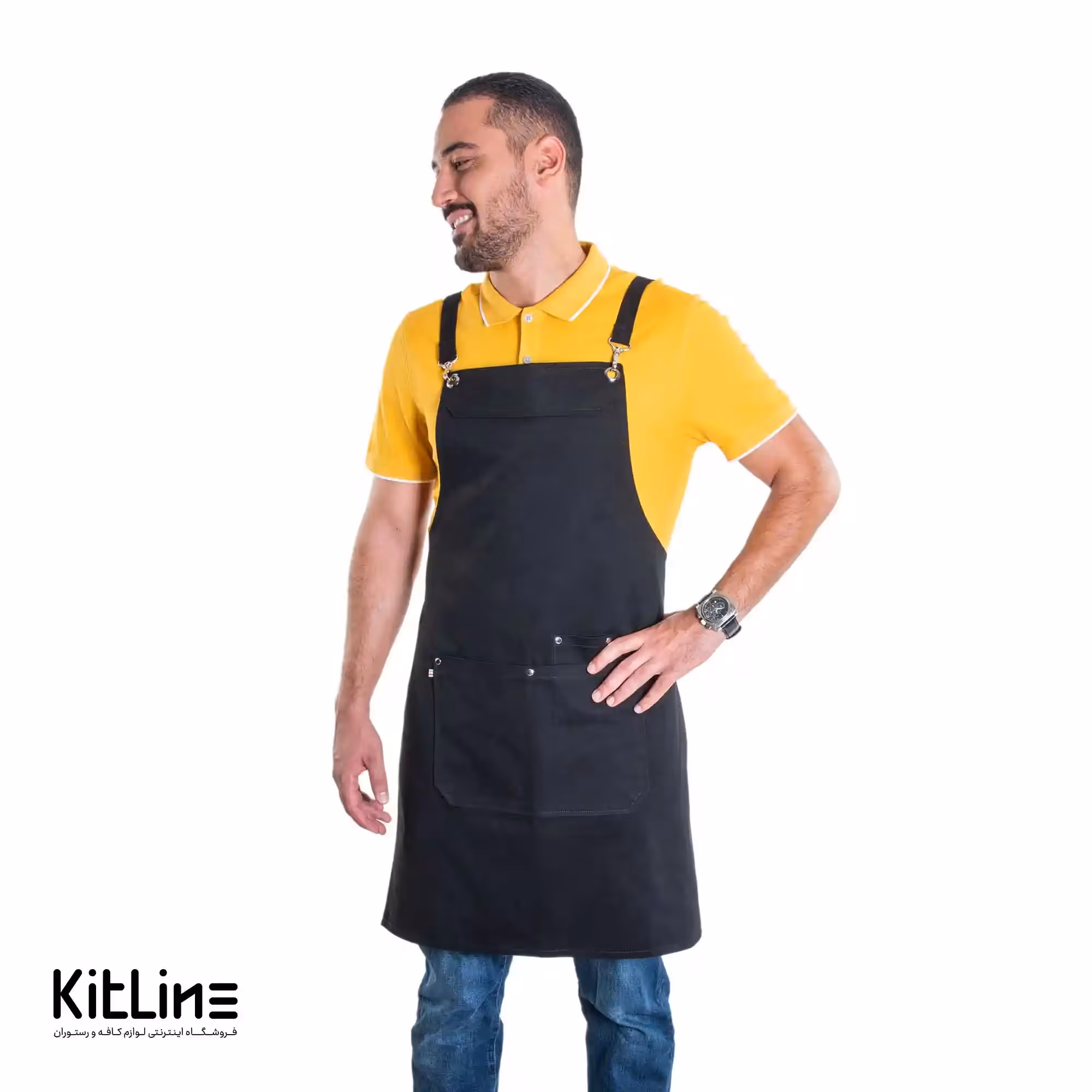 پیشبند کتان کجراه 3 جیب مشکی کیوان