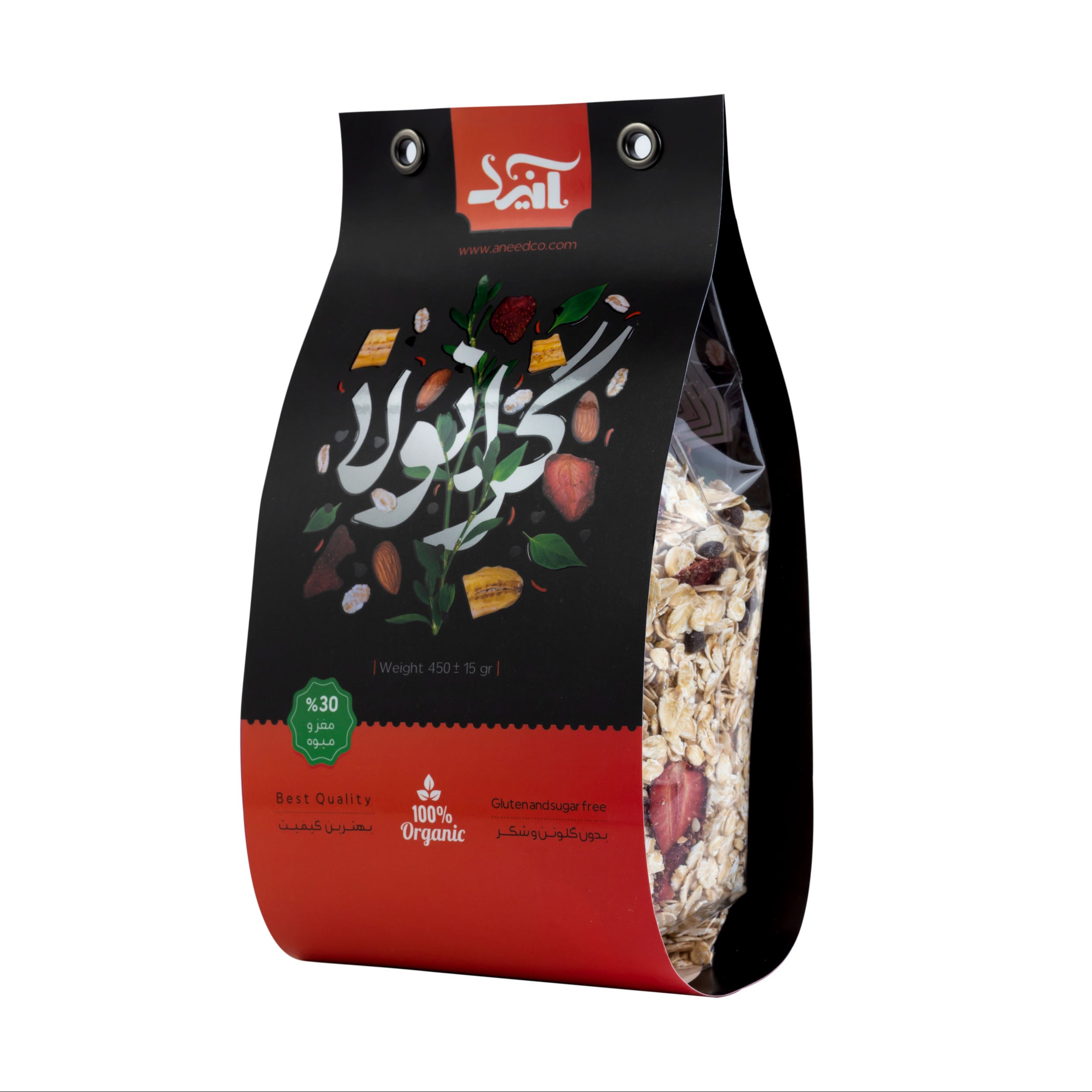 گرانولا جو دوسر با مغز بادام درختی توت فرنگی کنجد موز و چیپس کاکائو - 450 گرم