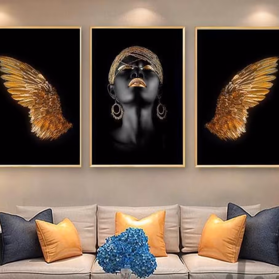 تابلو دکوراتیو طرح دختر سیاه پوست وبال فرشته طلایی سه تکه