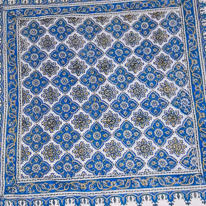 سفره ورومیزی قلمکاری سنتی سایز 1در1متر سبز آبی طرح خشتی